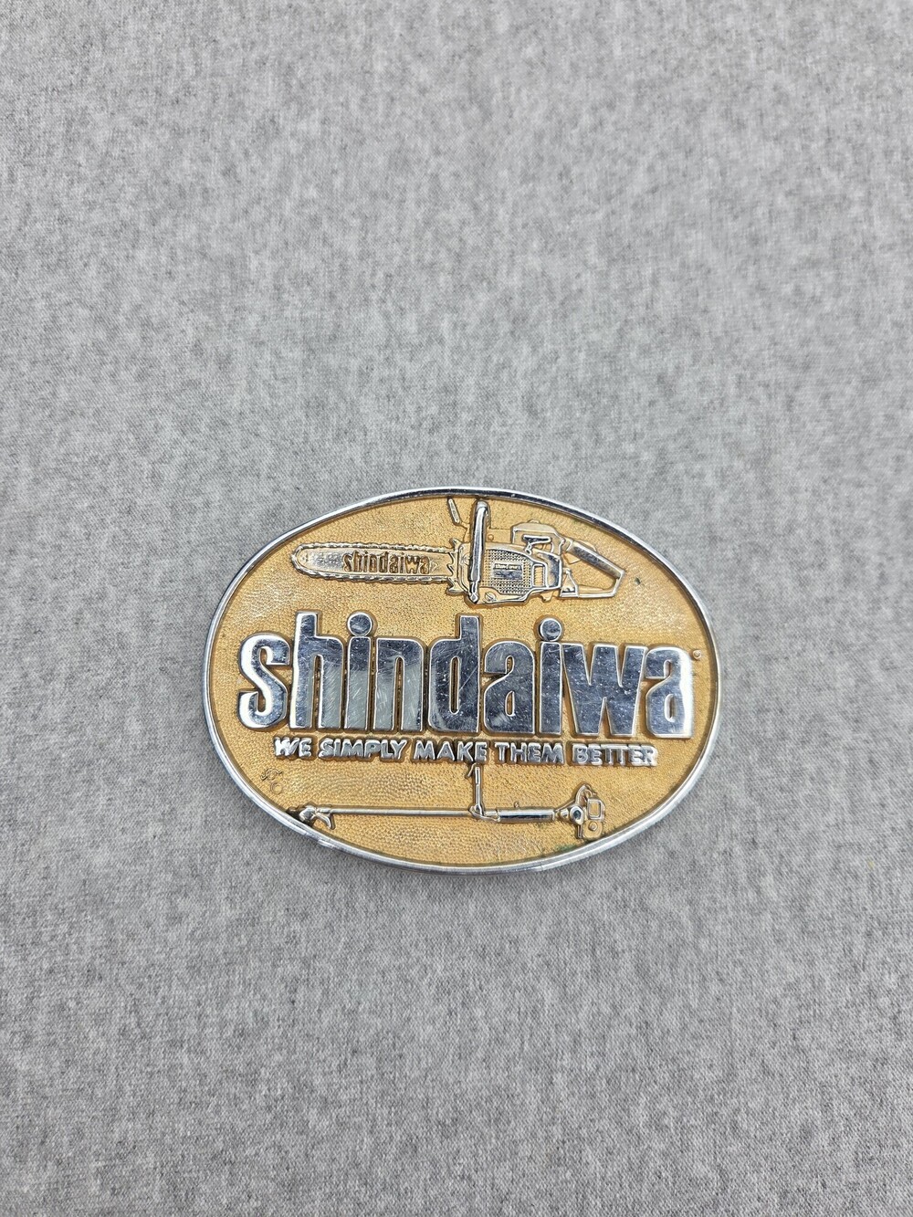 Rare Shindaiwa Belt Buckle Yellow Enamel Solid Brass Chainsaw Vintage ADM